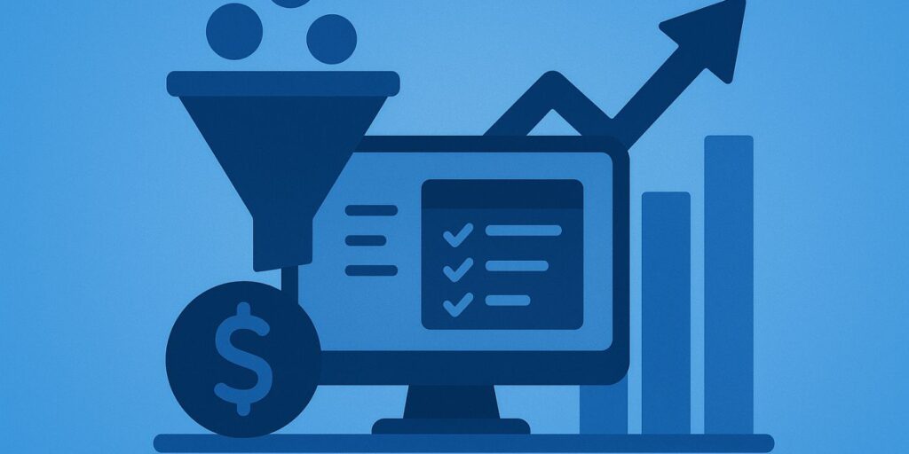 laptop and charts and dollar sign alongside a funnel