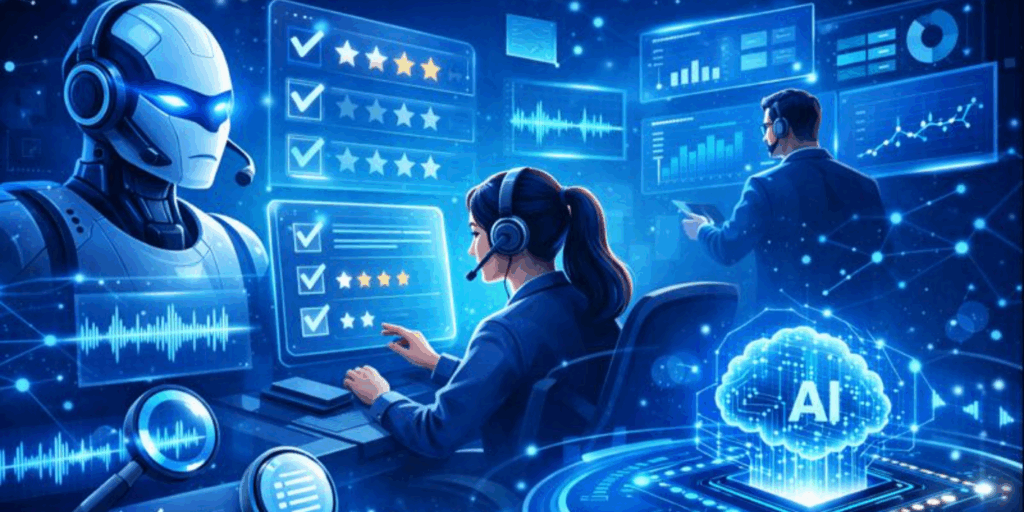 AI-powered call center agents monitoring customer interactions on digital dashboards in a modern blue workspace.