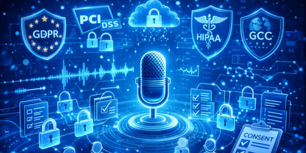 Secure call recording and data protection compliance concept with shields, locks, and regulatory icons in blue.