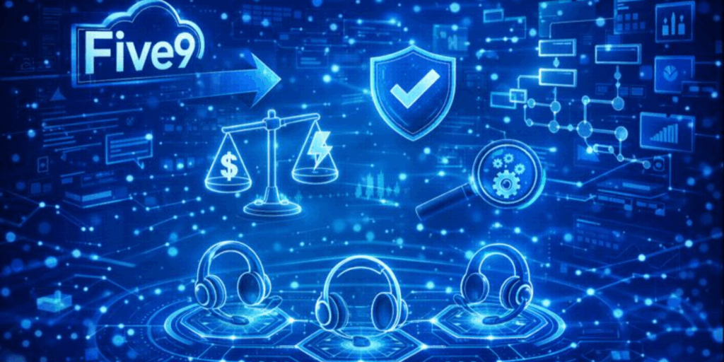 Multiple cloud contact center platforms connected through routing and analytics visuals.